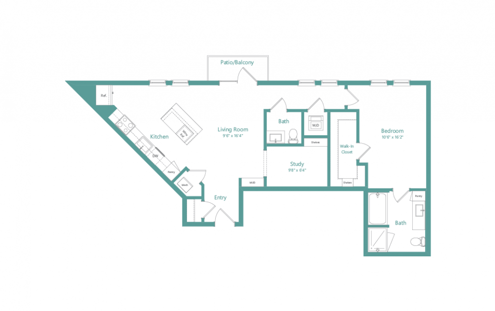 A6 - 1 bedroom floorplan layout with 1 bath and 955 square feet.