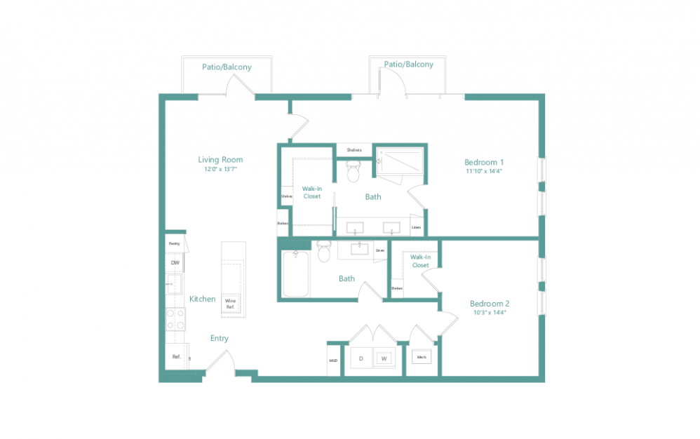 B8 - 2 bedroom floorplan layout with 2 baths and 1208 square feet.